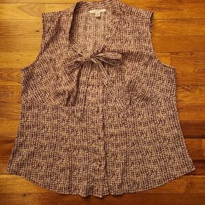 Merona Women's Burgundy Button Down Abstract Sleeveless Tie-neck Blouse Size 16W